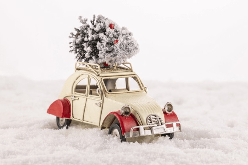 closeup small vintage toy car with tree